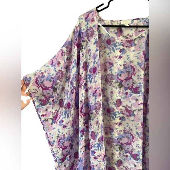 Purple floral short sleeve pool bikini cover up kimono - Picture 3 of 6